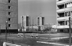 Magyarország, Budapest XI., a Mérnök utcai óvoda és mögötte a Fejér Lipót (Török Ignác) utcai toronyházak az Etele (Szakasits Árpád) úttól nézve., 1969, Erdei Katalin, iskola, építkezés, lakótelep, daru, pad, Budapest, Fortepan #100894