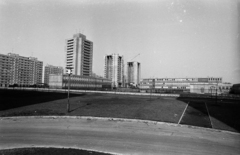 Magyarország, Budapest XI., a Mérnök utcai óvoda és a Fejér Lipót (Török Ignác) utcai toronyházak az Etele (Szakasits Árpád) út irányából nézve., 1969, Erdei Katalin, építkezés, daru, lámpaoszlop, magasház, Budapest, Fortepan #100897