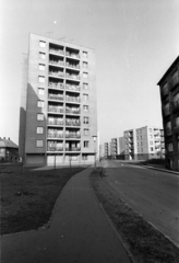 Magyarország, Budapest XIV., Kacsóh Pongrác úti lakótelep, a Horvát Boldizsár (Kelen József) utca a Dorozsmai köztől a Laky Adolf utca felé nézve., 1968, Erdei Katalin, lakótelep, lámpaoszlop, magasház, Budapest, Fortepan #100914