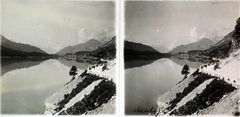 Svájc, Maloja, Sils-tó (Silsersee), háttérben a Maloja Palace Hotel., 1910, Kiss László, szálloda, neoreneszánsz, sztereófotó, Kuoni Rau-terv, Jules Rau-terv, Fortepan #101096