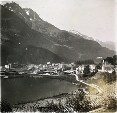 Svájc, St. Moritz, látkép, balra a St. Karl-templom., 1910, Kiss László, látkép, hegyoldal, vízpart, Fortepan #101113