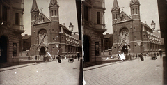 Magyarország, Budapest VIII., a Lőrinc pap (Scitovszky) tér - Mária utca sarkán a Jézus Szíve-templom., 1910, Kiss László, templom, kandeláber, utcakép, életkép, kézikocsi, sztereófotó, Budapest, Kauser József-terv, jezsuita, Fortepan #101129