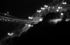 Hungary, Budapest XI., a Szabadság híd budai hídfője és a Szent Gellért tér a Citadella környékéről nézve., 1962, Magyar Pál, night, Budapest, Duna-bridge, János Feketeházy-design, Fortepan #101370