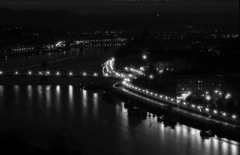 Hungary, Budapest I., esti látkép a Gellérthegyről a Széchenyi Lánchíd felé nézve., 1962, Magyar Pál, Danube, Budapest, suspension bridge, William Tierney Clark-design, Fortepan #101373