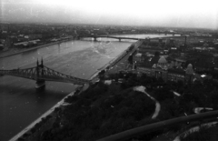 Hungary, Budapest XI., esti látkép a Gellérthegyről a Szabadság híd és a Petőfi híd felé nézve., 1962, Magyar Pál, Danube, Budapest, Duna-bridge, János Feketeházy-design, Hubert Pál Álgyay-design, Fortepan #101379