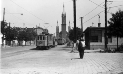 Magyarország, Budapest XV., Fő (Dózsa György) út, szemben a Kossuth utcai villamos-végállomás és a református templom., 1955, Fortepan, templom, villamos, Budapest, végállomás, viszonylatszám, Csaba Rezső-terv, Fortepan #101917