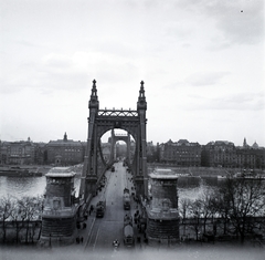 Hungary, Budapest I.,Budapest V., kilátás Gellért-hegy felől az Erzsébet híd és a belváros felé., 1943, Kurutz Márton, bridge, tram, Danube, eclectic architecture, Budapest, suspension bridge, Duna-bridge, Antal Kherndl-design, Aurél Czekelius-design, Fortepan #10271