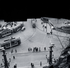 Hungary, Budapest I., az Erzsébet híd budai hídfője, a Szent Gellért szobor alatti hídról fényképezve, jobbra a Hungária ivócsarnok kupolája., 1943, Kurutz Márton, crosswalk, tram, safety island, Budapest, Fortepan #10272