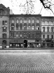 Magyarország, Budapest XI., Bartók Béla út 42. A kép forrását kérjük így adja meg: Fortepan / Budapest Főváros Levéltára. Levéltári jelzet: HU_BFL_XV_19_c_11, 1958, Budapest Főváros Levéltára / Városrendezési és Építészeti Osztályának fényképei, Vadas Ernő, Budapest, telefonfülke, fodrászat, tejbolt, bőrdíszműves, háziipar, asztalos, borozó, Fortepan #102820