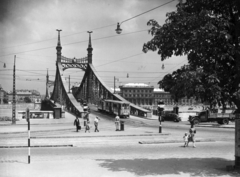 Hungary, Budapest V.,Budapest IX.,Budapest XI., Szent Gellért tér, szemben a Szabadság híd a Fővám (Dimitrov) tér felé nézve. Jobbra a Magyar Közgazdaságtudományi Egyetem (később Corvinus Egyetem) épülete. A kép forrását kérjük így adja meg: Fortepan / Budapest Főváros Levéltára. Levéltári jelzet: HU_BFL_XV_19_c_11, 1948, Budapest Főváros Levéltára / Városrendezési és Építészeti Osztályának fényképei, A Fővárosi Tanács VB Városrendezési és Építészeti Osztályának, cop, tram, Budapest, Duna-bridge, János Feketeházy-design, Fortepan #103295