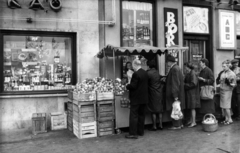 Magyarország, Budapest I., Széna tér 1/a és 1/b. A kép forrását kérjük így adja meg: Fortepan / Budapest Főváros Levéltára. Levéltári jelzet: HU_BFL_XV_19_c_11, 1965, Budapest Főváros Levéltára / Városrendezési és Építészeti Osztályának fényképei, A Fővárosi Tanács VB Városrendezési és Építészeti Osztályának, kosár, láda, sorbanállás, rekesz, szatyor, gyümölcsárus, Budapest, Fortepan #103636