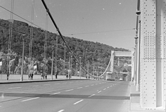 Hungary, Budapest, Erzsébet híd., 1969, Fortepan, bridge, traffic, tram, Bengali tramway, suspension bridge, Duna-bridge, Saint Gerard-portrayal, Pál Sávoly-design, Fortepan #1044