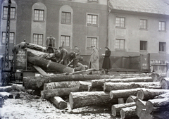 Magyarország, 1951, Hámori Gyula, Budapest, felirat, farönk, faipar, Fortepan #105382