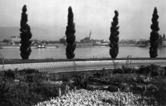 Hungary, Margit Islands, Budapest, a túlparton Óbuda, szemben a Szent Péter és Pál-templom, tőle balra a fától részben takarva az Óbudai zsinagóga., 1943, Archiv für Zeitgeschichte ETH Zürich / Agnes Hirschi, Carl Lutz, church, river, alley, shore, flower bed, Fortepan #105635