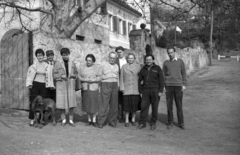 Magyarország,Balaton, Szigliget, Esterházy-kastély, Írók Alkotóháza. Jobbról az első Görgey Gábor író, a negyedik Csurka István író., 1961, Hunyady József, kutya, csoportkép, Fortepan #105994