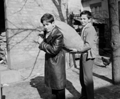 Magyarország,Balaton, Keszthely, Sopron utca 7., a Dongó ház udvara, vadgesztenyét leadó gyerekek a MÉH telepen. Ma az épület kézművesházként működik., 1968, Hunyady József, bőrkabát, zsák, Fortepan #106548