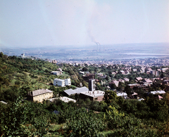 Hungary, Pécs, kilátás a Hunyadi János utcától a Havihegyi kápolna és az erőmű felé. Előtérben a pálos templom., 1965, Hunyady József, church, colorful, picture, Fortepan #106574