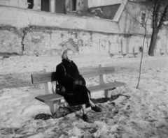 1948, Hunyady József, portrait, winter, snow, walkway, bench, fur coat, handbag, lady, Fortepan #107061