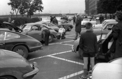 Hungary, Budapest XI., Műegyetem rakpart a Petőfi híd felé nézve., 1965, Hunyady József, street view, genre painting, Porsche-brand, Budapest, Duna-bridge, Hubert Pál Álgyay-design, Fortepan #107363