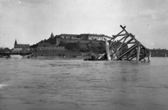 Szerbia, Újvidék, a lerombolt közúti híd (Most kraljevića Tomislava) maradványa, háttérben Pétervárad., 1941, Kókány Jenő, háborús kár, hídroncs, Fortepan #107672