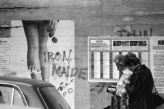 Magyarország, Budapest VII., a Dob utca 6. kiszögellő oldalfala., 1984, Makovecz Benjamin, plakát, graffiti, moziműsor, Budapest, Mino-márka, Iron Maiden-ábrázolás, Fortepan #108030