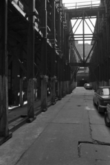 Hungary, Budapest VIII., Rákóczi út 23., 1985, Makovecz Benjamin, tenement house, automobile, scaffolding, Budapest, inner courtyard, Fortepan #108269