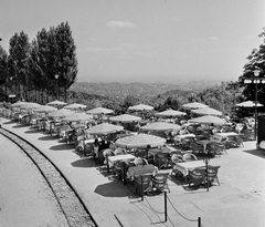 Magyarország, Budapest II., Gyermekvasút (Úttörővasút), Szépjuhászné (Ságvári liget) állomás., 1959, Bauer Sándor, napernyő, kerthelyiség, kilátás, sínpálya, Gyermekvasút, Budapest, Fortepan #109208