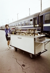 Magyarország, Budapest VI., Nyugati pályaudvar, az Utasellátó mozgó elárusító helye., 1971, Bauer Sándor, színes, utasellátó, árus, Budapest, embléma, mozgóárus, Fortepan #109887