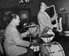 1958, Bauer Sándor, men, drum, saxophone, drummer, musical instrument, cymbal, Fortepan #110015