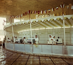 Magyarország, Budapest X., Albertirsai úti vásár területe, Országos Mezőgazdasági Kiállítás és Vásár., 1958, Bauer Sándor, színes, büfé, pavilon, neon felirat, Budapest, kávégép, Fortepan #112081