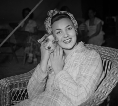 1954, Bauer Sándor, dog, wicker chair, smile, woman, bathrobe, Fortepan #112239