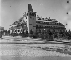 Magyarország, Széchenyihegy, Budapest XII., Rege utca, Vörös Csillag (egykor Golf, később Panoráma) szálloda., 1959, Bauer Sándor, hó, szálloda, vörös csillag, Budapest, fenyőfa, Lauber Dezső-terv, Bereczky László-terv, Fortepan #112915