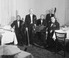 1959, Bauer Sándor, zenekar, hegedű, cigányzenész, nagybőgő, cimbalom, csokornyakkendő, Fortepan #112955