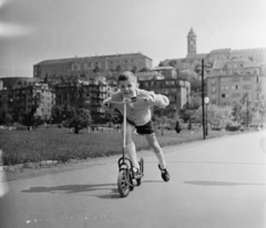 Magyarország, Budapest I., Vérmező, háttérben az Attila út házai, fent a Hadtörténeti Múzeum és a Mária Magdolna templom tornya., 1963, Bauer Sándor, roller, Budapest, Fortepan #113036