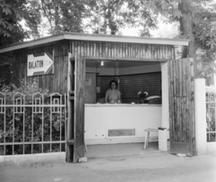 Magyarország,Balaton, Siófok, Kálmán Imre sétány 3., fagylaltos a Hangulat cukrászda kerthelyiségénél., 1959, Bauer Sándor, cukrászda, pavilon, fagylaltos, Fortepan #113368