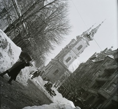 Hungary, Víziváros, Budapest I., Markovits Iván utca, középen a Szent Anna-templom., 1940, Buzinkay Géza, winter, church, snow, Budapest, Fortepan #114570