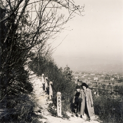 Magyarország, Budapest III., Hármashatárhegy, Gréti-ösvény, az előtérben felfestett nyilas jelszó. Jobbra a ködben a Kevélyek sziluettje., 1939, Buzinkay Géza, hungarizmus, Budapest, Fortepan #114634