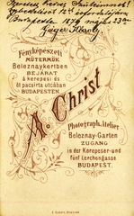 Hungary, Budapest VIII., Beleznay-kert, a Rákóczi (Kerepesi) út - Puskin (Öt Pacsirta) utca sarkánál (később Rákóczi út 7-9. sz. házak állnak itt), Christ Anna fényképészeti műterme., 1900, Fortepan, studio, photographer, verso, Budapest, Fortepan #114762