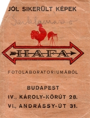 Hungary, Budapest V.,Budapest VI., Károly körút 28. / Andrássy út 31., HAFA Hacsek és Farkas fotólaboratóriuma., 1940, Fortepan/Album008, Print Envelope, photo lab, Budapest, Fortepan #114845