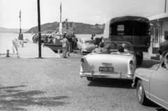 Hungary,Lake Balaton, Szántód, rév., 1957, Répay András, ferry, automobile, number plate, Komp I. ship, country code sign, Fortepan #115460