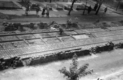 Hungary, Budapest XII., Böszörményi út, szemben a Szoboszlai utca torkolata., 1957, Répay András, Budapest, rails, road construction, railing, big ashlar, Fortepan #115475