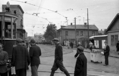 Oroszország, Moszkva, Vtoroj Brjanszkij pereulok a Brjanszkaja utcától a Bolsaja Dorogomilovszkaja utca felé nézve., 1958, Répay András, Szovjetunió, viszonylatszám, villamos, felsővezeték, mozgóárus, Fortepan #115490