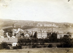 Hungary, Budapest XII., kilátás a Fogaskerekű Orgonás megállója közeléből. Előtérben a Szent János Kórház, a távolban jobbra a Herman Ottó (Debrői) úton a Magyar Királyi Központi Szőlészeti Kísérleti Állomás épületegyüttese., 1905, Széman György, Budapest, picture, chimney, medical institution, Fortepan #115781