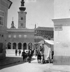 Horvátország, Zágráb, Kaptol ulica. Háttérben a Szent Márk templom., 1930, Gyöngyi, utcanévtábla, Fortepan #11580