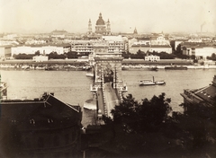 Hungary, Budapest V.,Budapest I., kilátás a budai Várból a Széchenyi Lánchíd, a Széchenyi István (Ferenc József) tér és a Bazilika felé., 1906, Széman György, ship, bridge, wharf, Danube, Budapest, Fortepan #115835