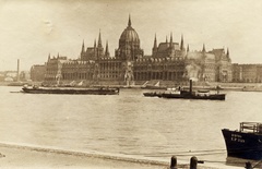 Hungary, Budapest V., Parlament., 1906, Széman György, ship, barge, chimney, Imre Steindl-design, wharf, steamboat, parliament, Danube, Budapest, Ebersdorf/Esztergom/Concordia ship, Fortepan #115852