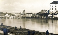 Ausztria, Linz, Duna, balra az "Alte Brücke" (később a Nibelungenbrücke épült a helyén), jobbra a Várkastély (Linzer Schloss)., 1925, Széman György, folyó, Duna, Fortepan #115875