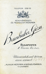 Magyarország, Budapest I., Corvin tér 5., Brunhuber Géza fényképészeti és festészeti műterme., 1913, Széman György, műterem, fényképész, hátlap, Budapest, Fortepan #115889