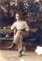 1917, Mátyásfalvi János, man, book, bench, leg over leg, Fortepan #116220