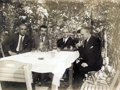 1930, Fortepan/Album009, tableau, men, glass, tablecloth, jar, garden furniture, soda water bottle, wine-tasting glass, decanter, chess table, Fortepan #116498